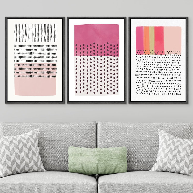 Abstract Vibrant Color Blocks " Pink Geometric Color Block Collage " 3 - Pieces, Black, 24" H x 48" W x 1.5" D
