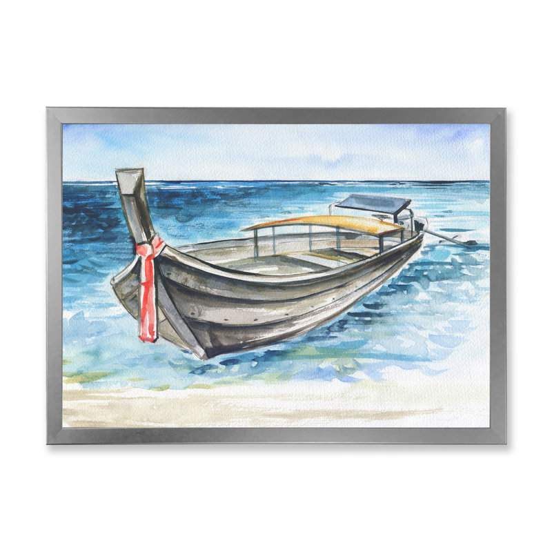 Sloop on Tropical Beach - Peinture sur toile, H 24 po x l 32 po, Cadre de coin argenté fermé