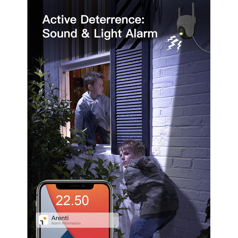ARENTI Outdoor Security Camera, 4MP Home Surveillance WiFi Camera, Plug-in, Pan/Tilt, 2.4G/5GHz Dual Bands, Color Night Vision, Sound/Light Alarm, AI Human Filtering