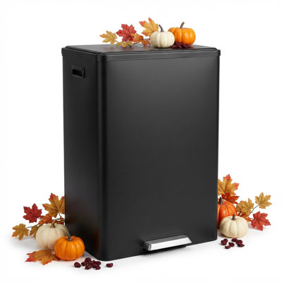 Dual Compartment Stainless Steel Trash Can 16 Gallon – Soft Close Lid, Removable Inner Buckets, Foot Pedal – Commercial Waste & Recycling Bin for Kitchen, Office, Public Spaces