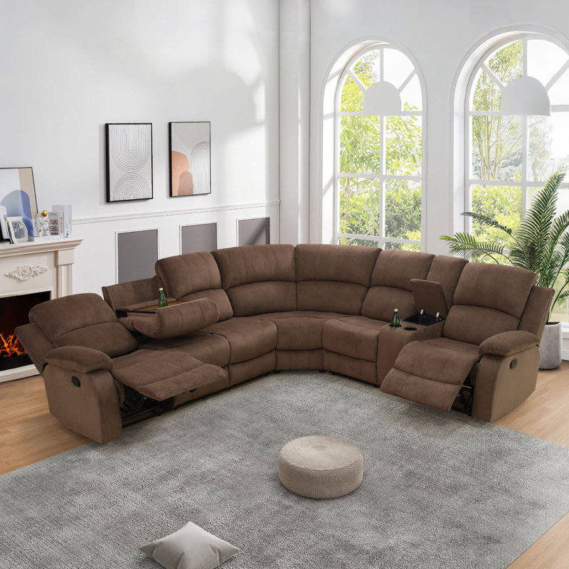 Canapé modulaire inclinable 3 pièces en tissu texturé avec table rabattable et console centrale, Microfibre/microsuède brun