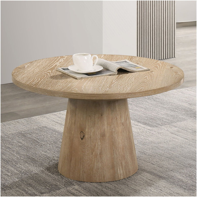 Table basse ronde de style contemporain avec structure en bois d'hévéa et piédestal en forme de cône, finition chêne, Oak