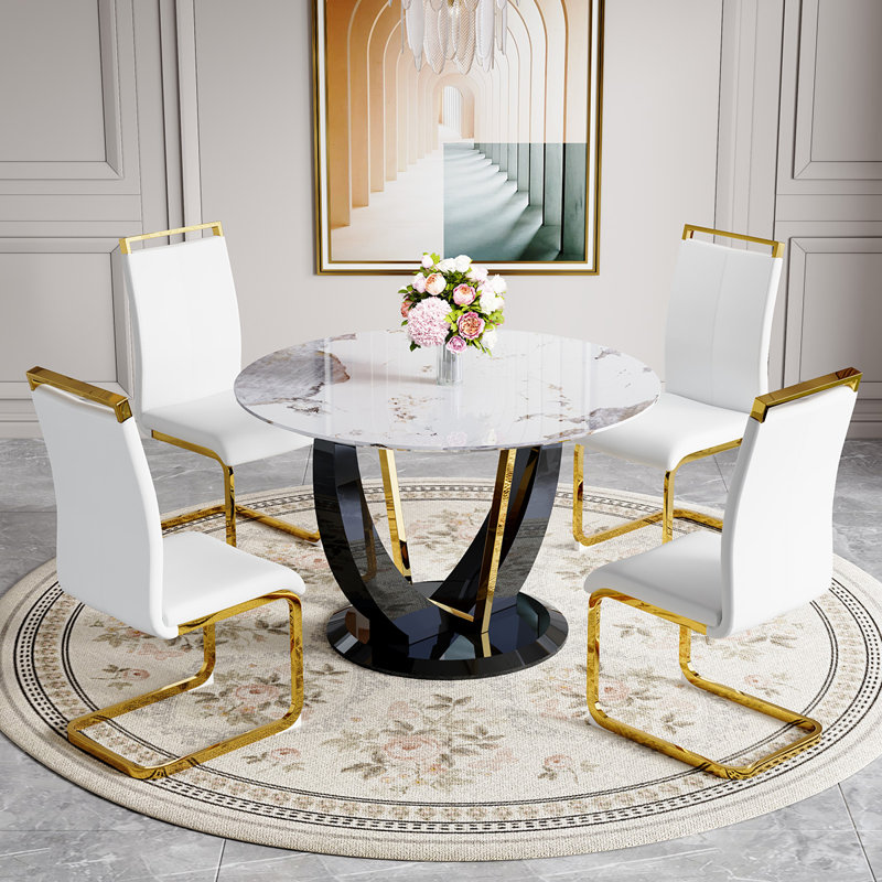Ensemble de table ronde, Blanc, 5 pièces: table, 4 chaises