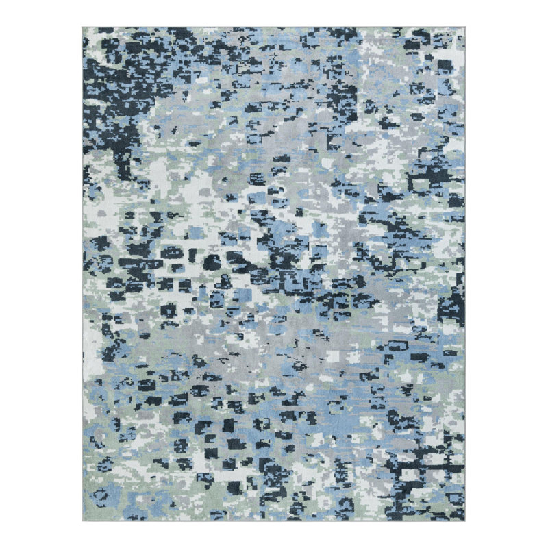 Tapis en polyester tissé à la machine Azion en gris / bleu marine / ivoire, Rectangle 7 pi 10 po x 10 pi