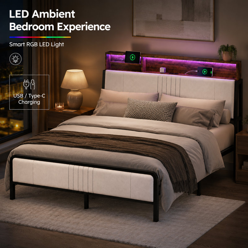 Upholstered Full Bed Frame With Led Headboard, Full