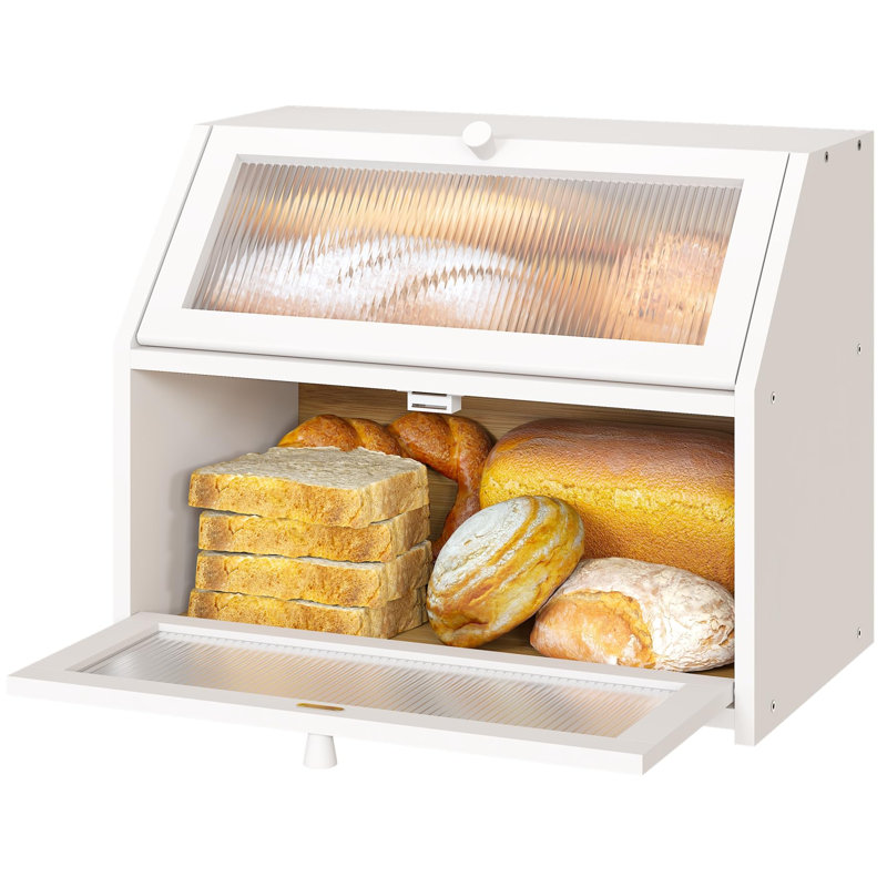 Boîte à pain blanche pour comptoir de cuisine, grande boîte à pain à double couche en bois de bambou, capacité de rangement du pain en bois