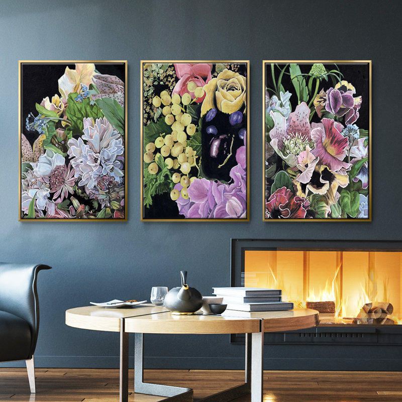 Floral Crop I, ensemble de 3 toiles encadrées, Encadrement doré, H 27 po x l 54 po