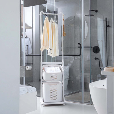 Trieur à linge à 2 niveaux avec barre de suspension et roulettes amovibles pour une organisation efficace dans les petits espaces, les dortoirs, les placards et les salles de bain