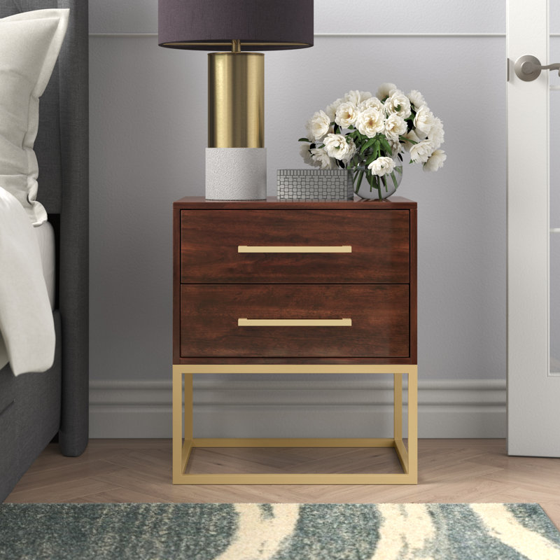 Maxine Dark Cherry and Gold Birch Veneer 2-Drawer Nightstand