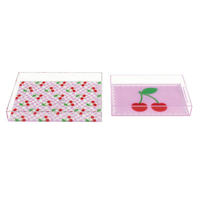  Ensemble de 2 plateaux de service en acrylique cerise et rose avec poignées - ensemble décoratif