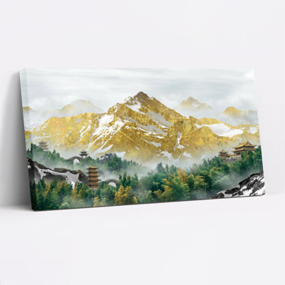 Mountain Landscape With Traditional Asian Architecture Canvas Wrapped Wall Art Oil Painting Print Set Of 1