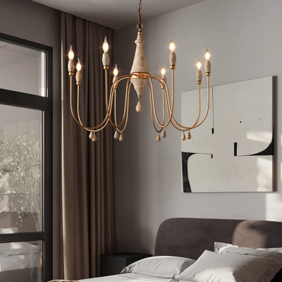 Mid Century Modern Farmhouse 8-Light Candle-Style Chandelier Pendant Light Gold Finish Wood Iron Beaded Accents Clay-Like Distressed Ivory Candles Sloped Ceiling Compatible Hardwired E12 Bulb