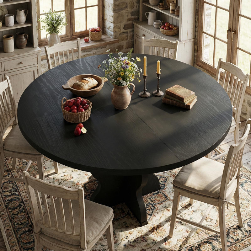 Table de salle à manger extensible de 47 à 63 po pour 4 à 8 personnes, table de salle à manger ronde en bois de style campagnard avec pieds ondulés, cercle, ovale, peu encombrante