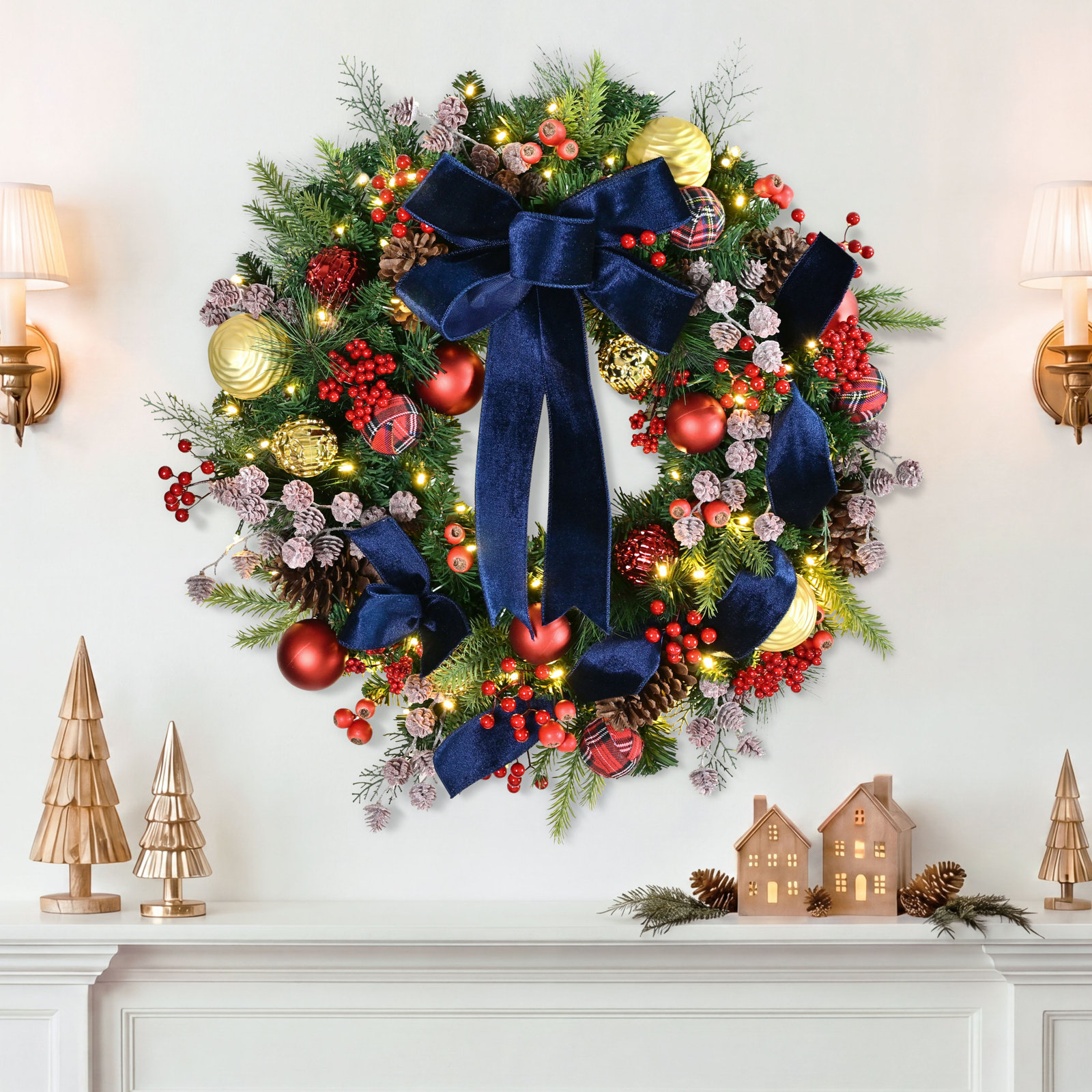 26" Battery-Operated Pre-Lit Artificial Adorned Wreath