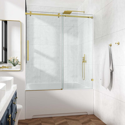 Porte de douche à panneau simple sans cadre l 56 à 60 po x H 72 po avec cadre en acier inoxydable doré brossé et verre trempé de 3/8 po