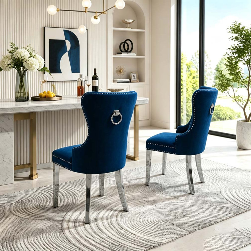 Ensemble de 2 chaises contemporaines en velours touffeté au design élégant, Bleu