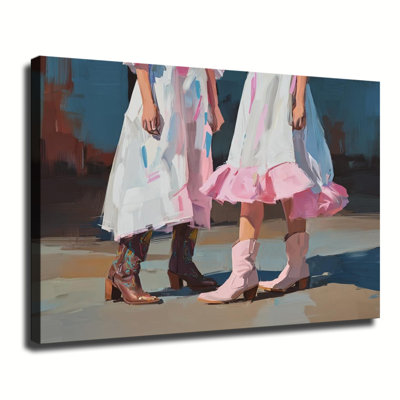 Femmes en robes et bottes de cowboy colorées, grande toile tendue sur châssis pour salon ou chambre
