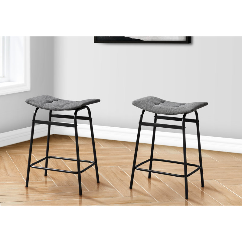 Modern Of 2 Contemporary Counter Height , Grey Fabric Upholstered, Black Metal Legs, Kitchen Addition Decor, Comfortable Padded Backless Design, Simple Installation Process, 200 Lbs Capacity Per
