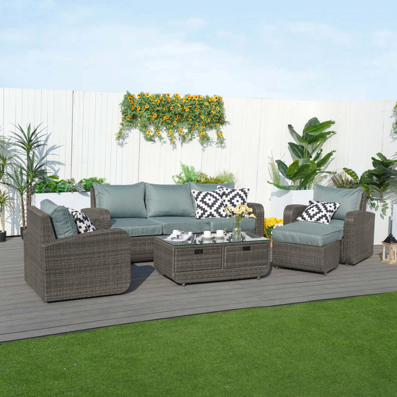 Wicker 5 - Person Patio Conversation Set with Cushions, Gray, Light Green