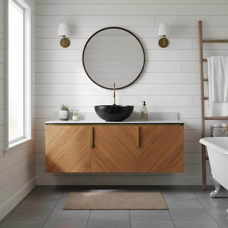 Salle de bain murale 48 po avec cuve ronde en céramique noire et 3 portes, Noir