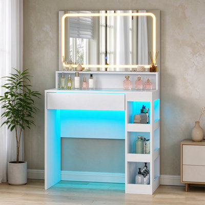 Ensemble coiffeuse blanche - Coiffeuse de rêve avec plateau en verre trempé illuminé par DEL, 3 modes de couleur, intensité lumineuse réglable, miroir de salle de bain DEL ajustable, prise électrique, étagères de rangement grande capacité, haute luminosité, solution de rangement beauté, miroir de salle de bain DEL