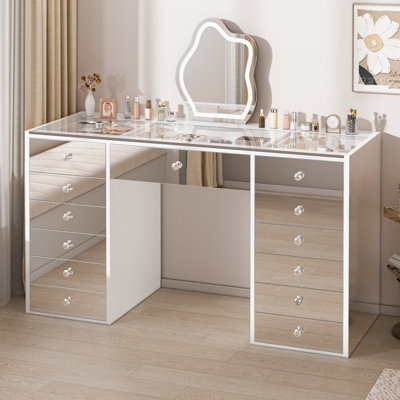51.3 In. Mirrored Glass Makeup Vanity Table With 13 Drawers, Modern Mirrored Console For Bedroom, 51.2" W X 32.7" H(no Mirror Included)