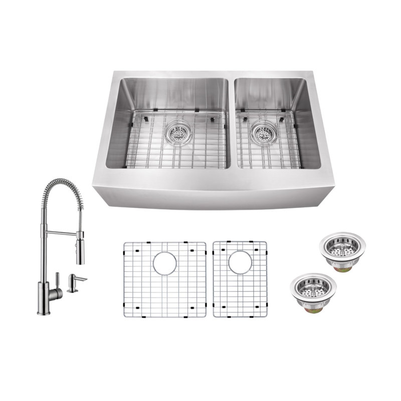 Évier de cuisine à double cuve avec robinet l 36 po x l 21 po, Robinet industriel