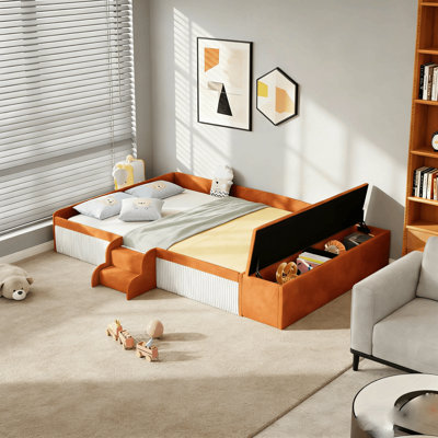 Lit rembourré moderne avec banc de rangement et marchepied Montessori