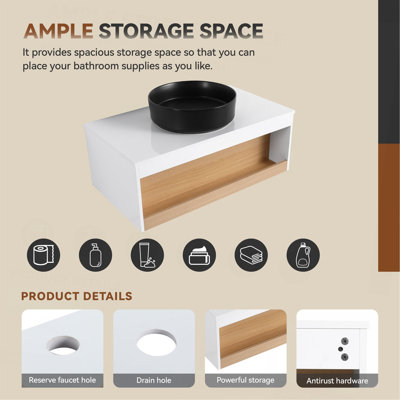 Meuble-lavabo flottant de 30 po avec lavabo vasque rond, meuble-lavabo mural avec rangement ouvert, finition blanche avec comptoir durable, conception moderne peu encombrante (livré dans 2 boîtes)