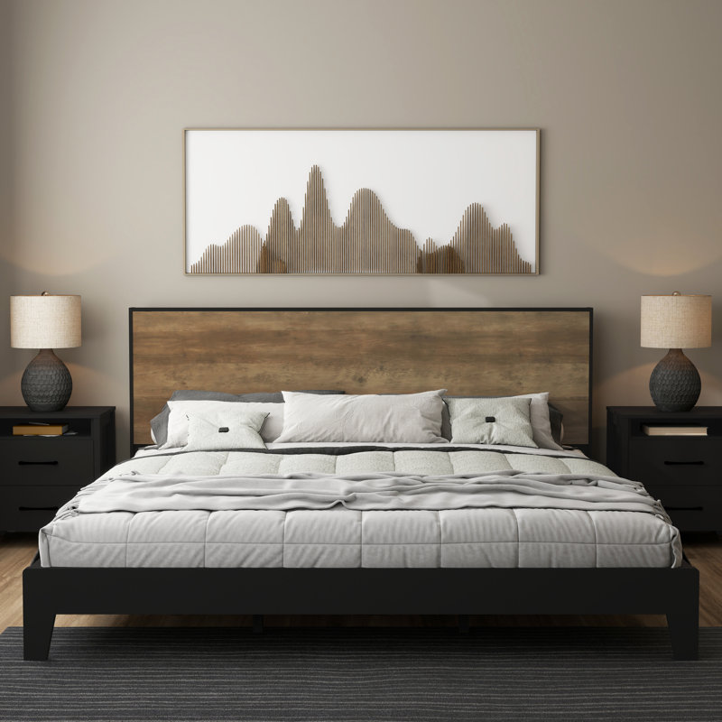 Allyannah Levison Platform Bed With Headboard, King, Black/Knotty Oak