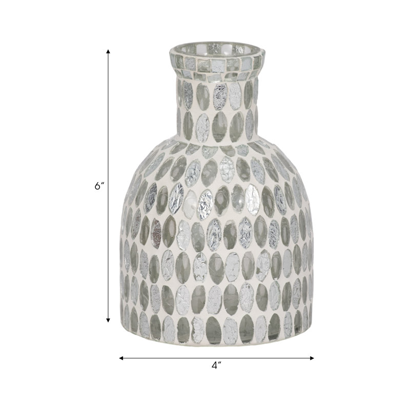 Glass Round Mosaic Vase, 6" H x 4" W x 4" D, Mosaic White