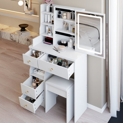Petit espace - meuble-lavabo et tabouret rembourré convenable: bureau de tiroir gauche de 29,2 po, commande par miroir réglable à trois couleurs de luminosité, commande par miroir