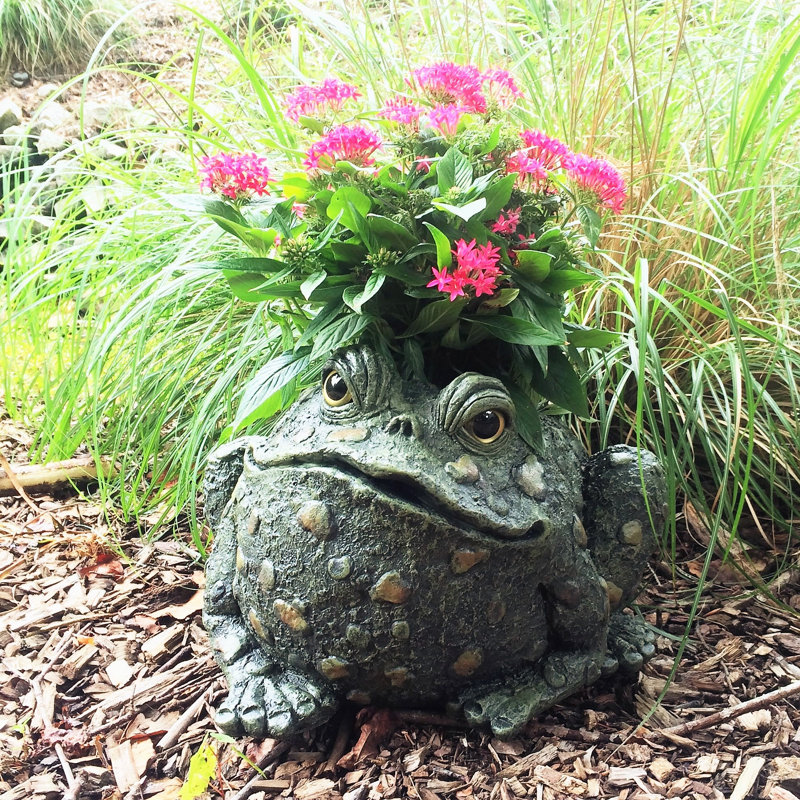 Green Fiberglass Novelty Frog Planter with Drainage Holes