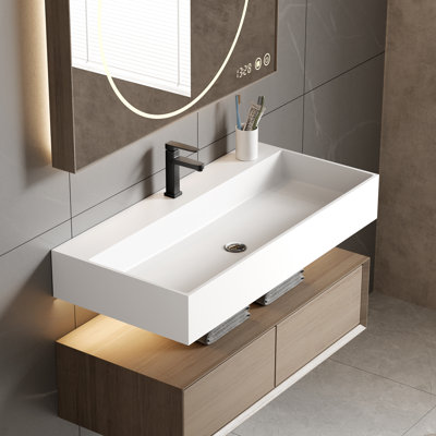 Lavabo de meuble-lavabo mural de 39 po pour salle de bain matte en pierre artificielle rectangulaire en plein air intérieur ou extérieur flottant ou comptoir (39,37 po)
