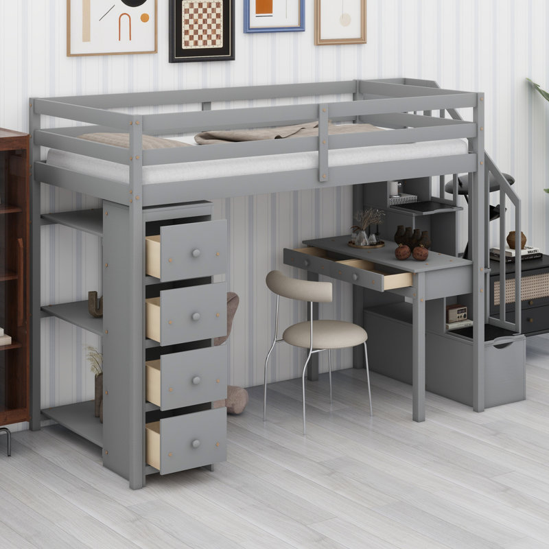 Lit mezzanine avec tiroirs de rangement, bureau et escalier, tablettes