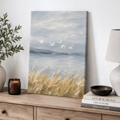White Birds Flying over Coastal Grassland Artwork, Bedroom Pictures, Framed Canvas Giclee Print Wall Art