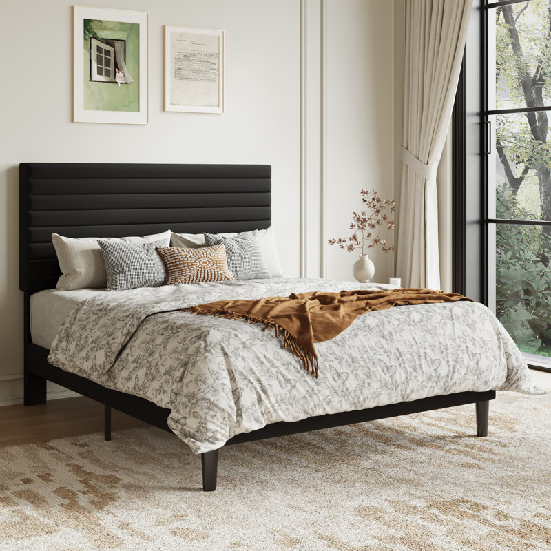 Modern Velvet Upholstered Bed Frame With Adjustable Headboard, Full Size, Queen Size, King Size, No Box Spring Needed, Black