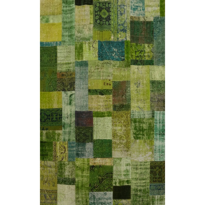 Distressed Wool Green Patchwork Handmade Area Rug 7x10