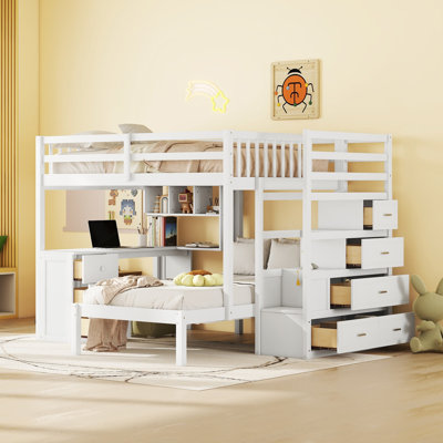 Lit superposé double au-dessus de simple avec bureau, tiroirs et tablettes