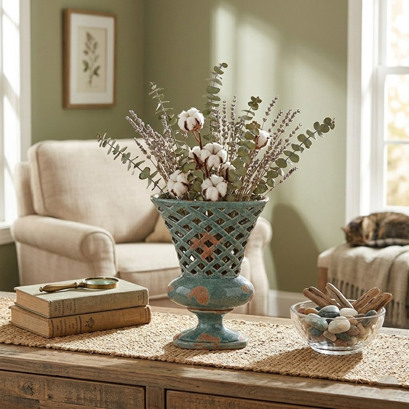 Vase de table en céramique Tankersley, Bleu, H 12 po x l 9,75 po x P 9,75 po