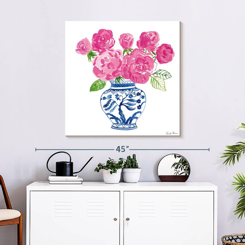 Harnek chinoiserie roses sur fond blanc I, H 30 po x l 30 po