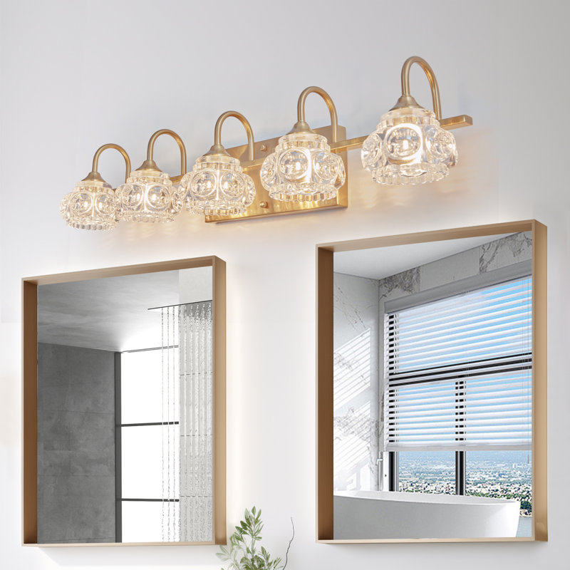 Luminaire de meuble-lavabo de salle de bain 5 lumières Retro avec verre cristal, Doré