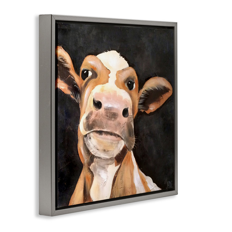 Vache champêtre sur toile par Jade Reynolds, H 18 po x l 18 po, Cadre flottant gris lustré