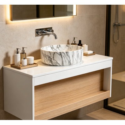 36" Floating Bathroom Vanity With Grey Vein Marble Vessel Sink, Wall-mounted Vanity With Open Shelf Storage, White Finish With Wood Accent, Space-saving Modern Design (ships In 2 Boxes)
