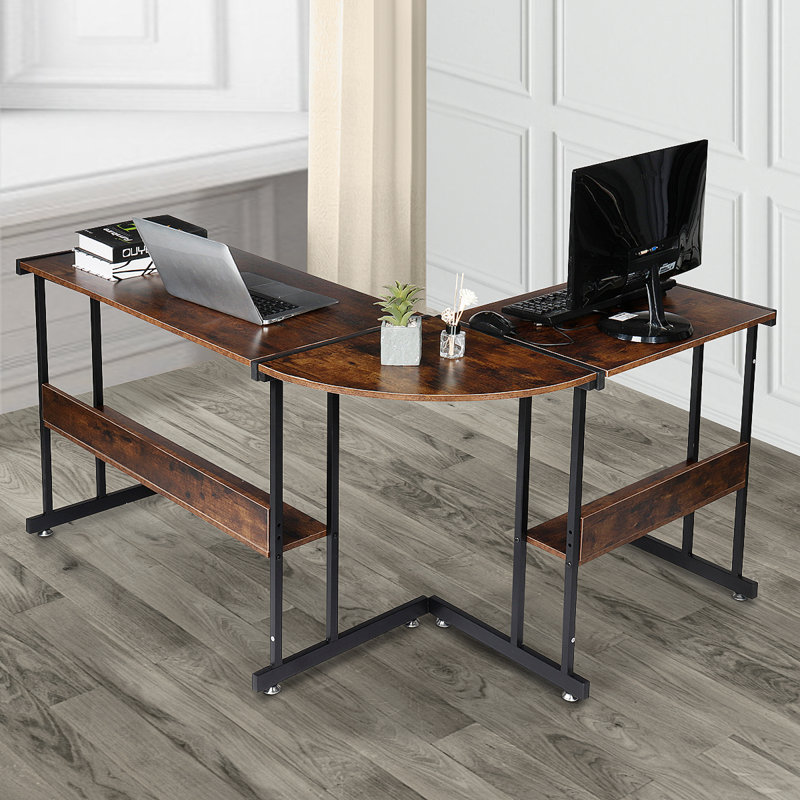 L-Shaped Metal Base Executive Desk, Brown/Black