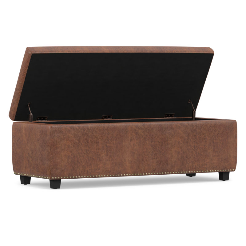 Banc de rangement avec repose-pieds clouté rectangulaire en cuir Vegan, Similicuir brun vieilli vieilli