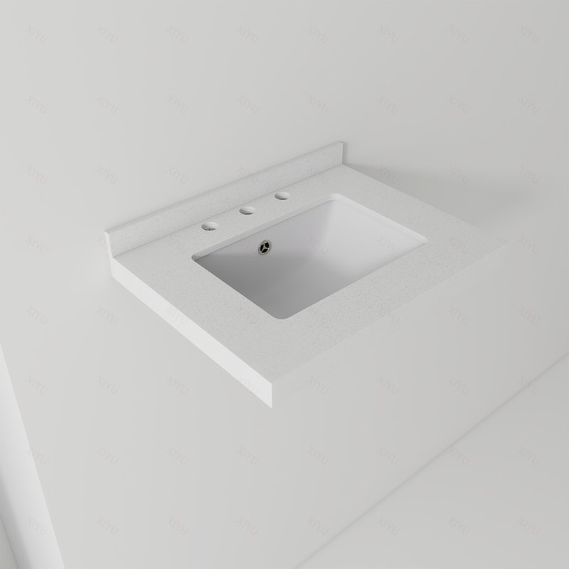 24"Cultured Marble Basin Sink, 2" Thick Profile, Triple Faucet Holes, Sink Only, Cabinet Not Included, Fits Bathroom Vanity Cabinets, Granite