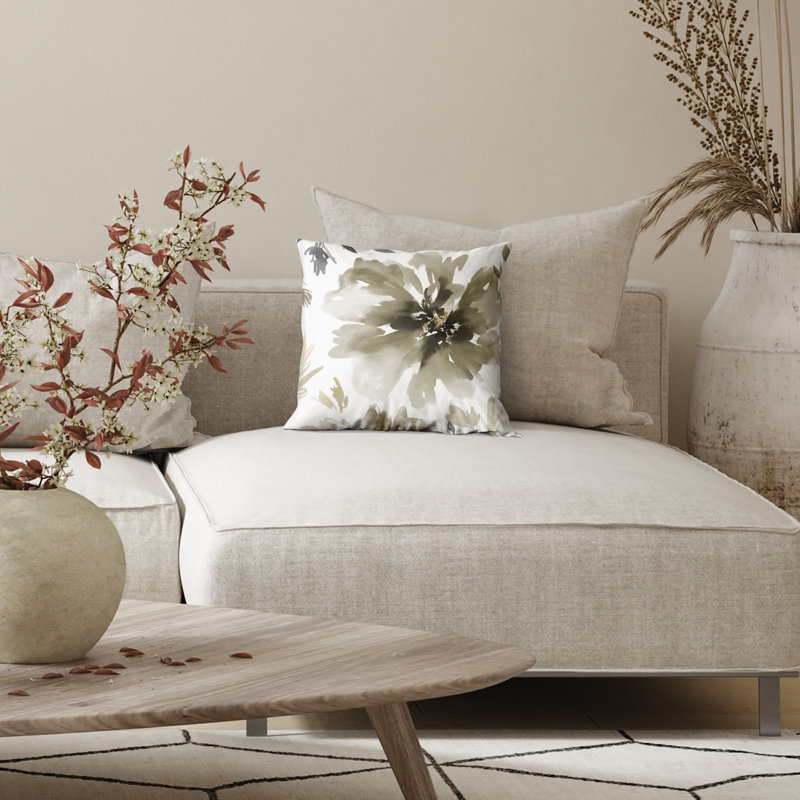 Coussin floral avec polyester de qualité supérieure, Carré H 18 po x l 18 po, Sépia