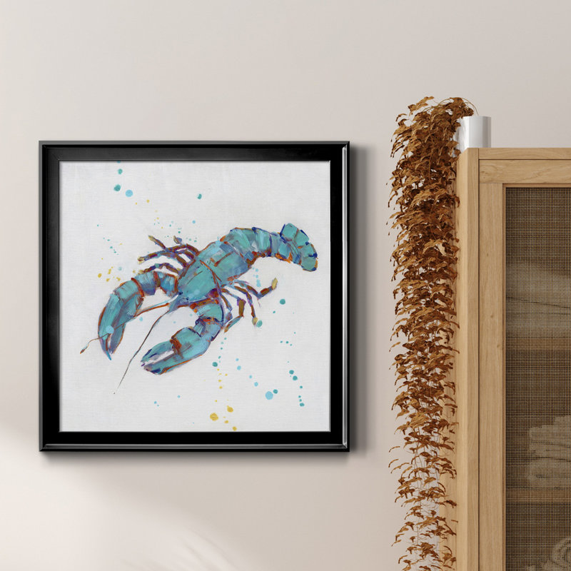 Bulle de homard bleu - peinture sur toile encadrée, Cadre noir, H 26,5 po x l 26,5 po x P 1,5 po