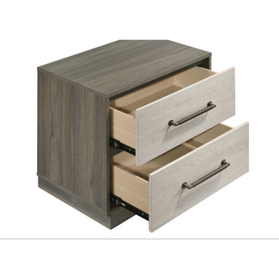 Table de chevet à deux tiroirs pour chambre à coucher avec tiroirs coulissants, base flottante et finition moderne à deux tons pour un rangement amélioré et une fonctionnalité élégante.